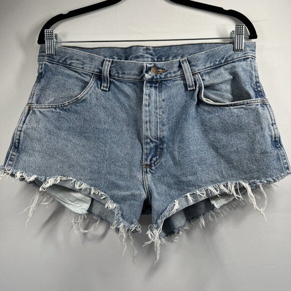 Rustler Cut Off Denim Jean Short Shorts 32 Distressed Blue Raw Edge 3" Grunge - Picture 1 of 6